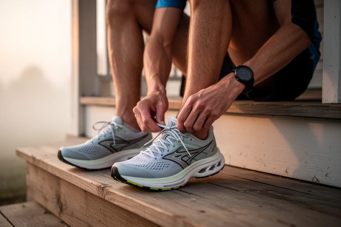 Läufer schnürt auf einer Veranda ein Paar leichte Carbon-Laufschuhe vor dem Lauf am frühen Morgen