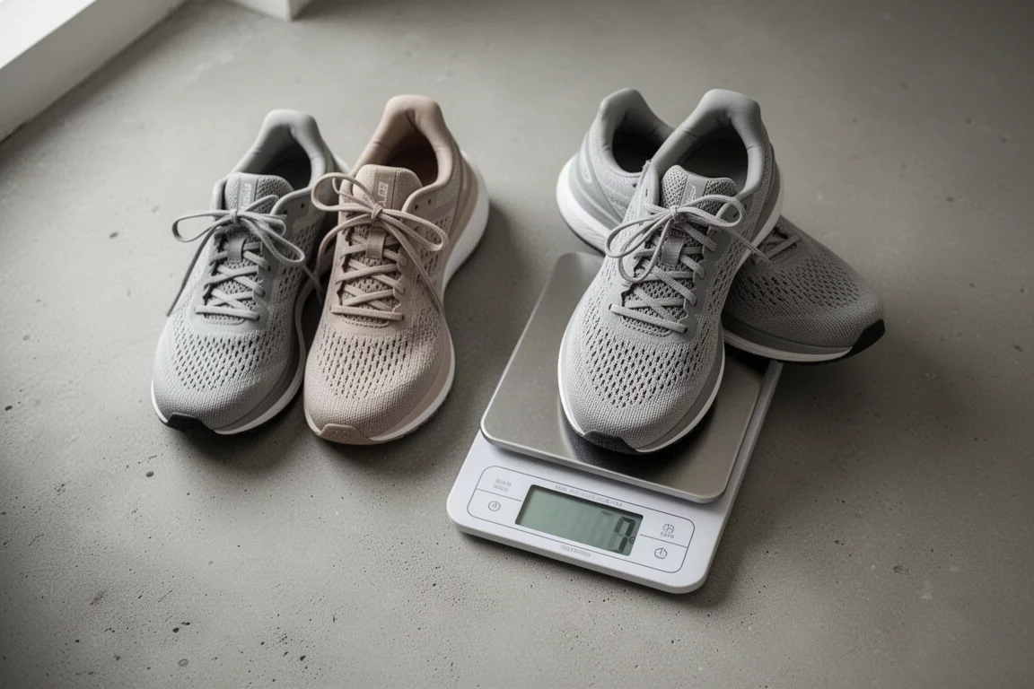 Zwei Laufschuhe nebeneinander auf einer digitalen Waage mit kleinem Gewichtsunterschied