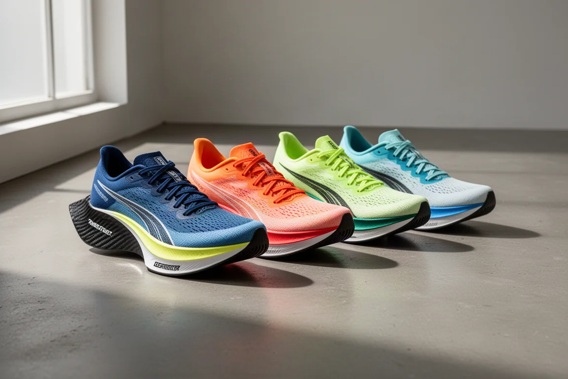 Five carbon-plated racing shoes arranged in a row on a concrete floor