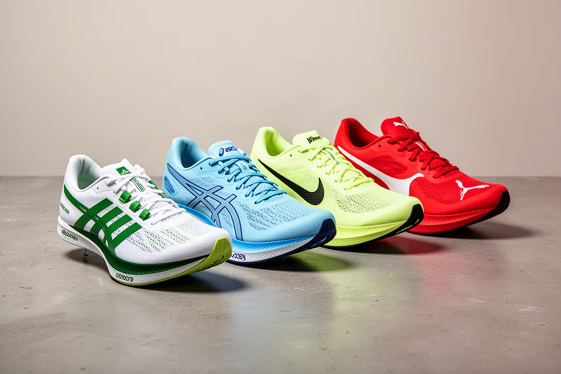 Four carbon-plated racing shoes lined up on a concrete surface