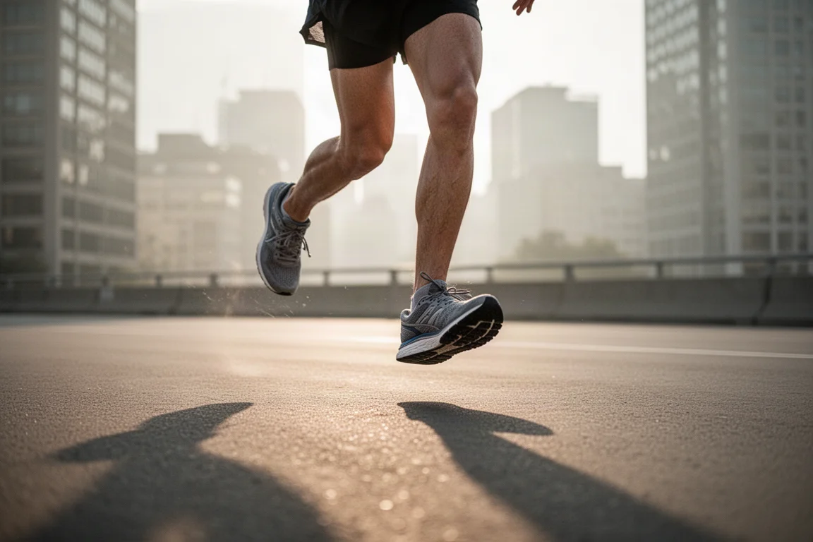 Läufer bewegt sich im frühen Morgengrauen durch Stadtstraßen im Marathon-Tempo