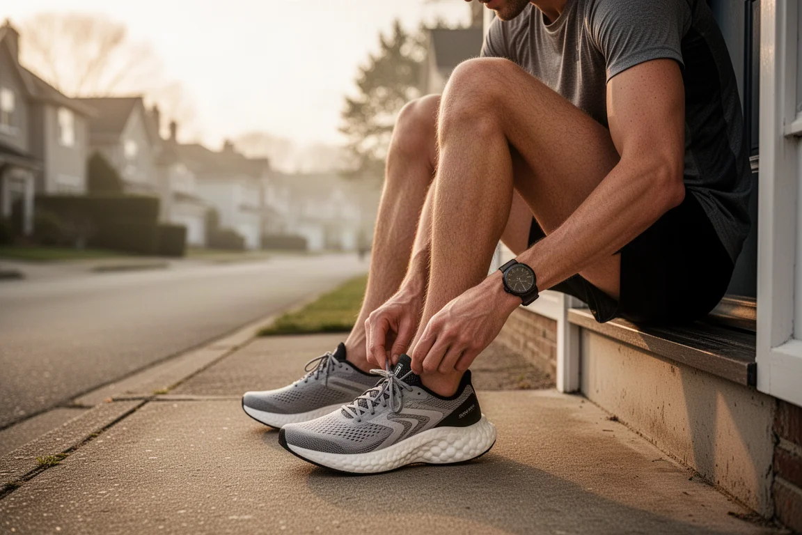 Marathon runner striding through a city race course in soft morning light