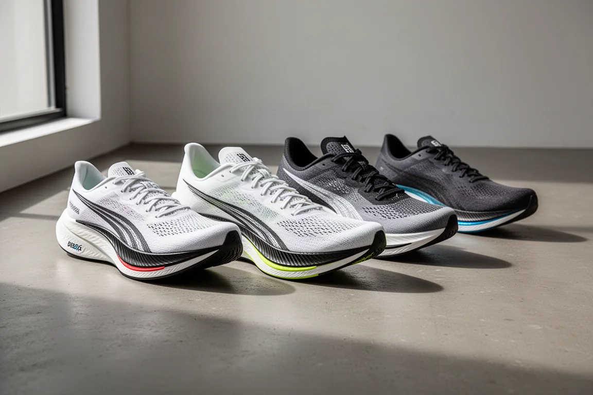 Five carbon-plated marathon racing shoes lined up on a concrete surface