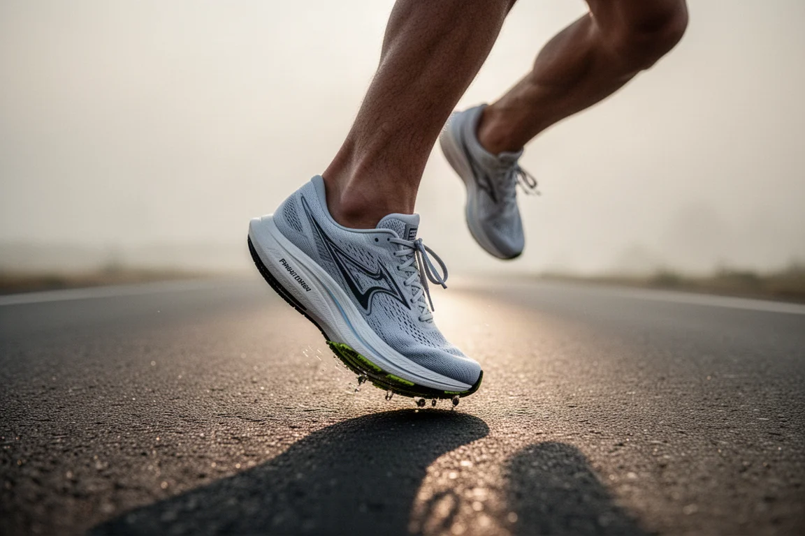 Voorvoet van een hardloper die landt in een gedempte raceschoen op een gladde weg