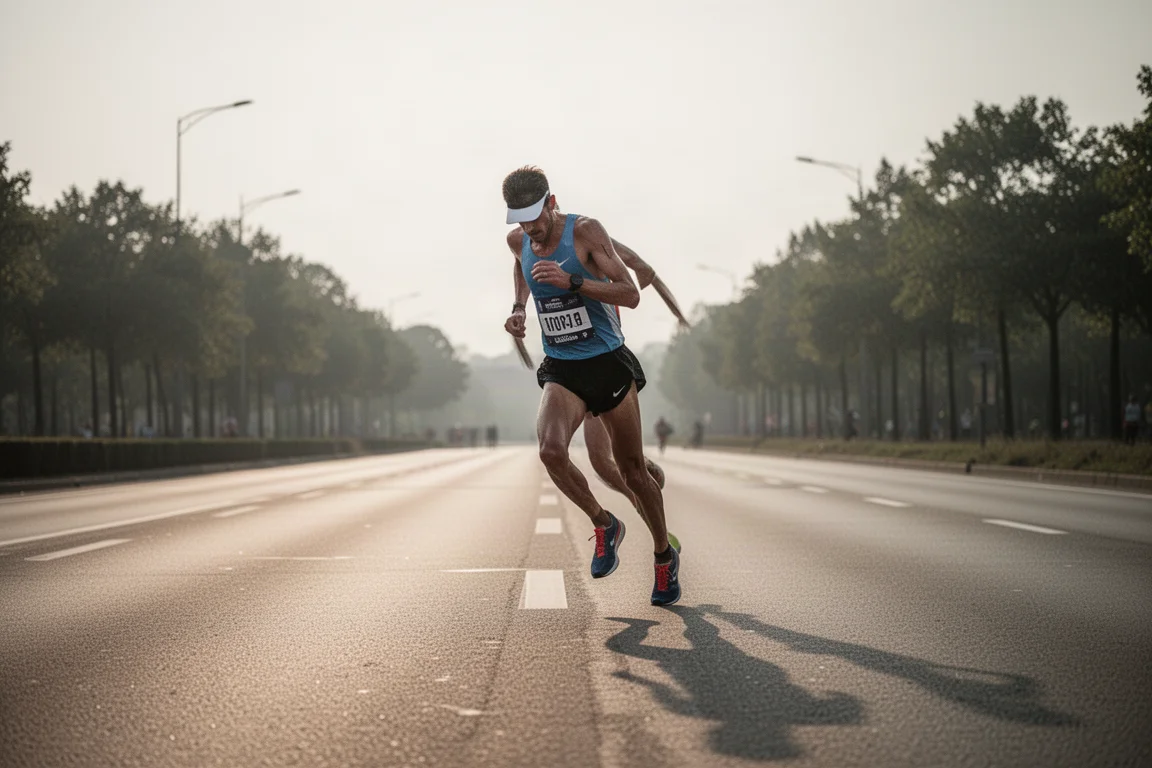 Marathonloper die door loopt ondanks vermoeidheid laat in de wedstrijd op een open weg