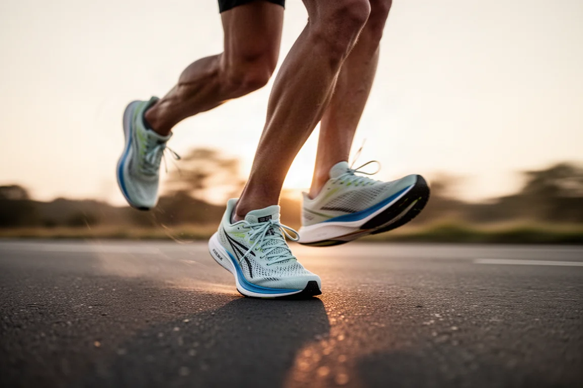 Läuferfüße mitten im Schritt auf glatter Straße beim Marathontraining am frühen Morgen