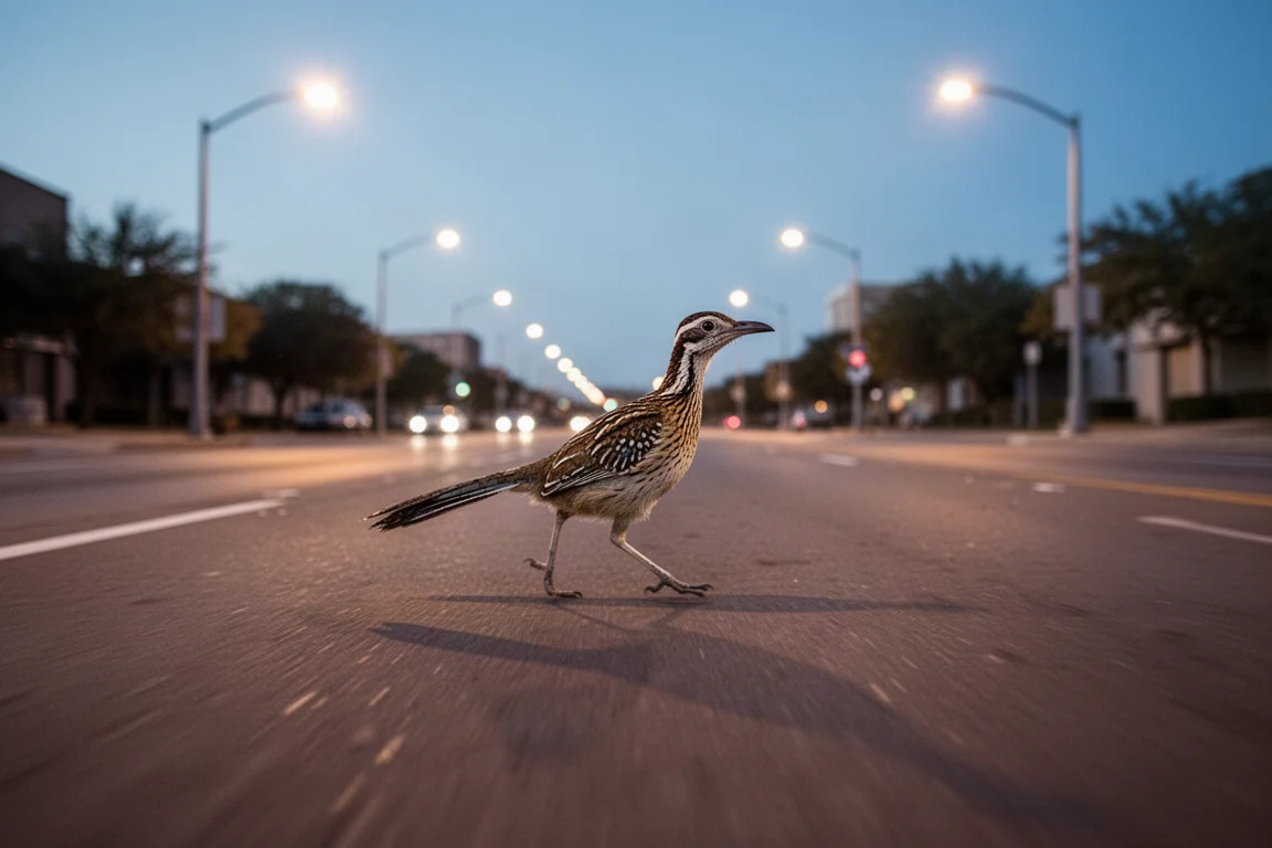 Läufer im Ziel eines Straßenrennens in der Abenddämmerung mit Stadtlichtern im Hintergrund