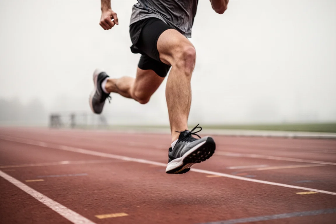 Track athlete mid-stride during 800 meter repeats in low evening light