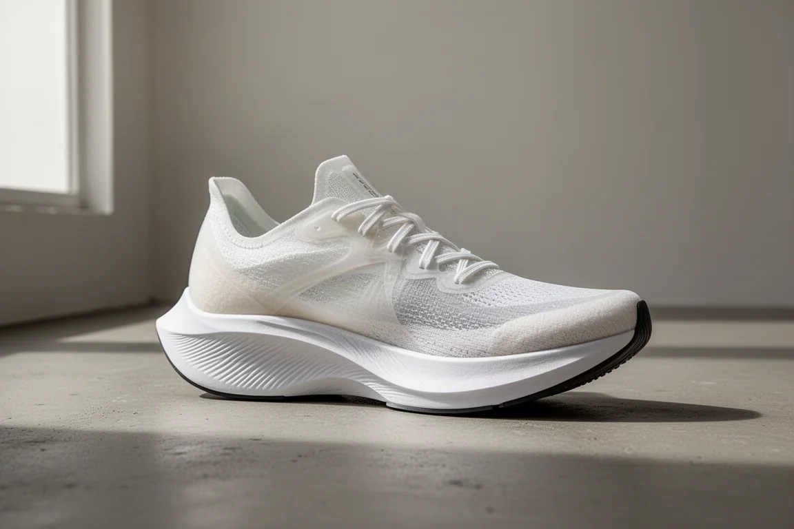Minimal lightweight marathon racing shoe with tall white foam midsole on concrete