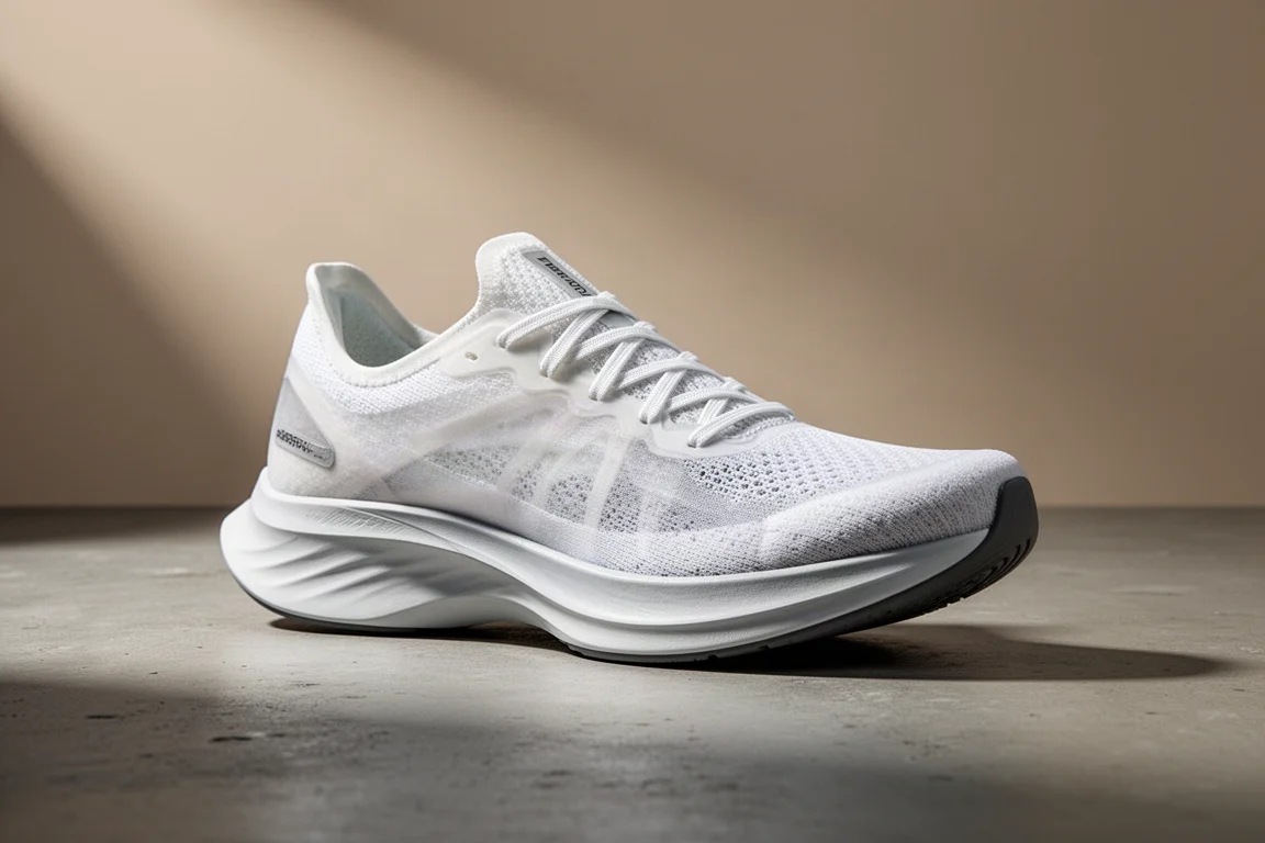 Ultra-light Adidas racing shoe on a matte concrete surface in soft studio light