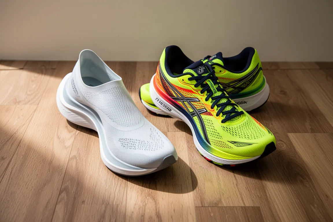 Semelle de chaussure de compétition pressée contre du bitume mouillé pour montrer sa glissance