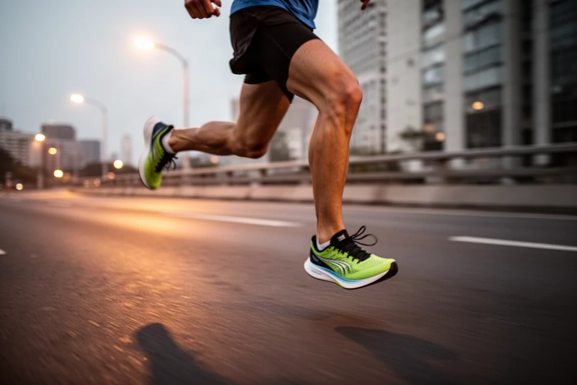 Coureur terminant un semi-marathon sur un parcours urbain plat