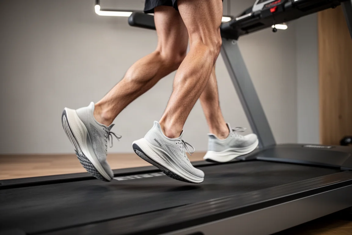 Corredor atándose las zapatillas de competición ultraligeras en una cinta de correr
