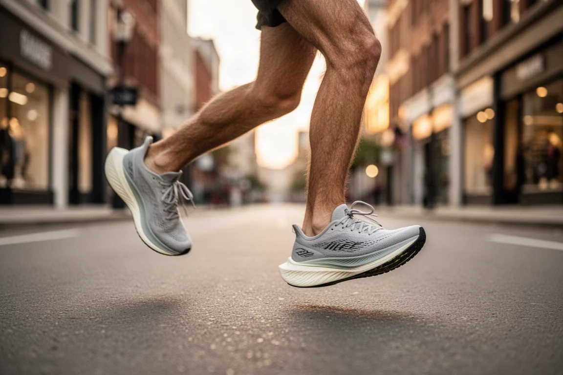 Zapatillas de competición a medio paso en una calle urbana vacía al amanecer