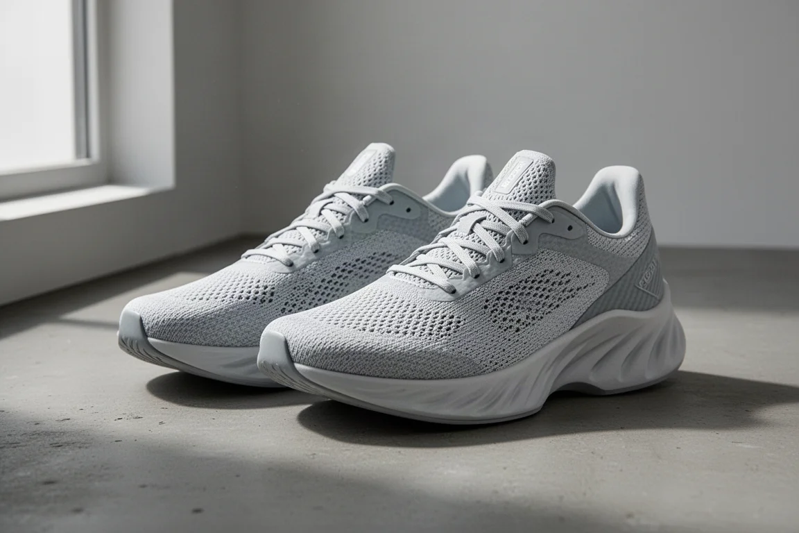 Pair of ultra-lightweight carbon racing shoes with tall foam midsoles on concrete