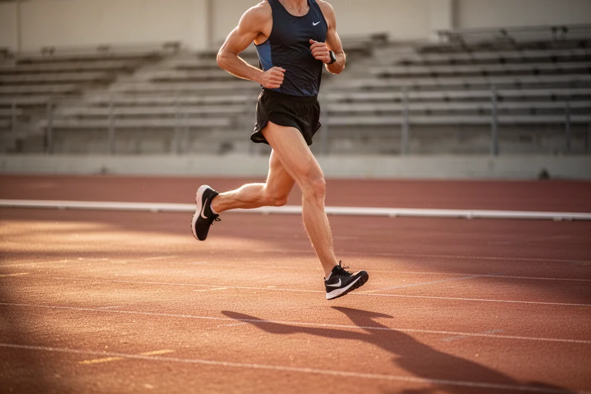 Corredor calentando en una pista de atletismo al aire libre con luz suave de media tarde