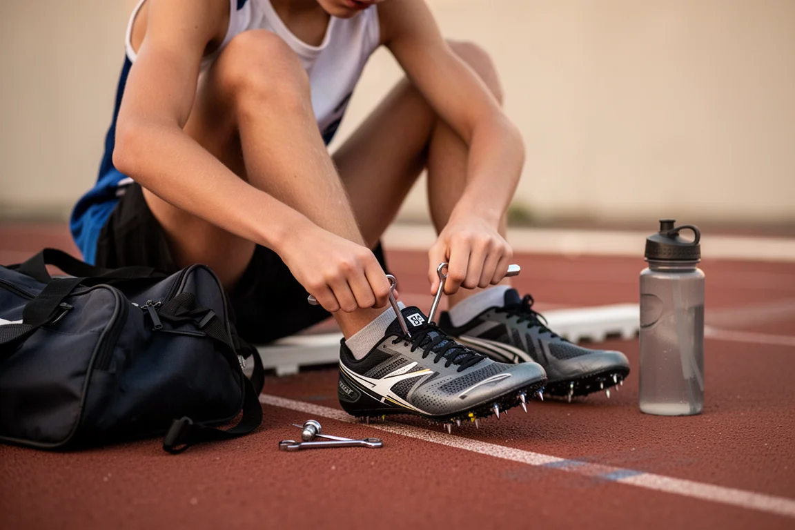 Atleta ajustando los clavos junto a un carril durante el calentamiento