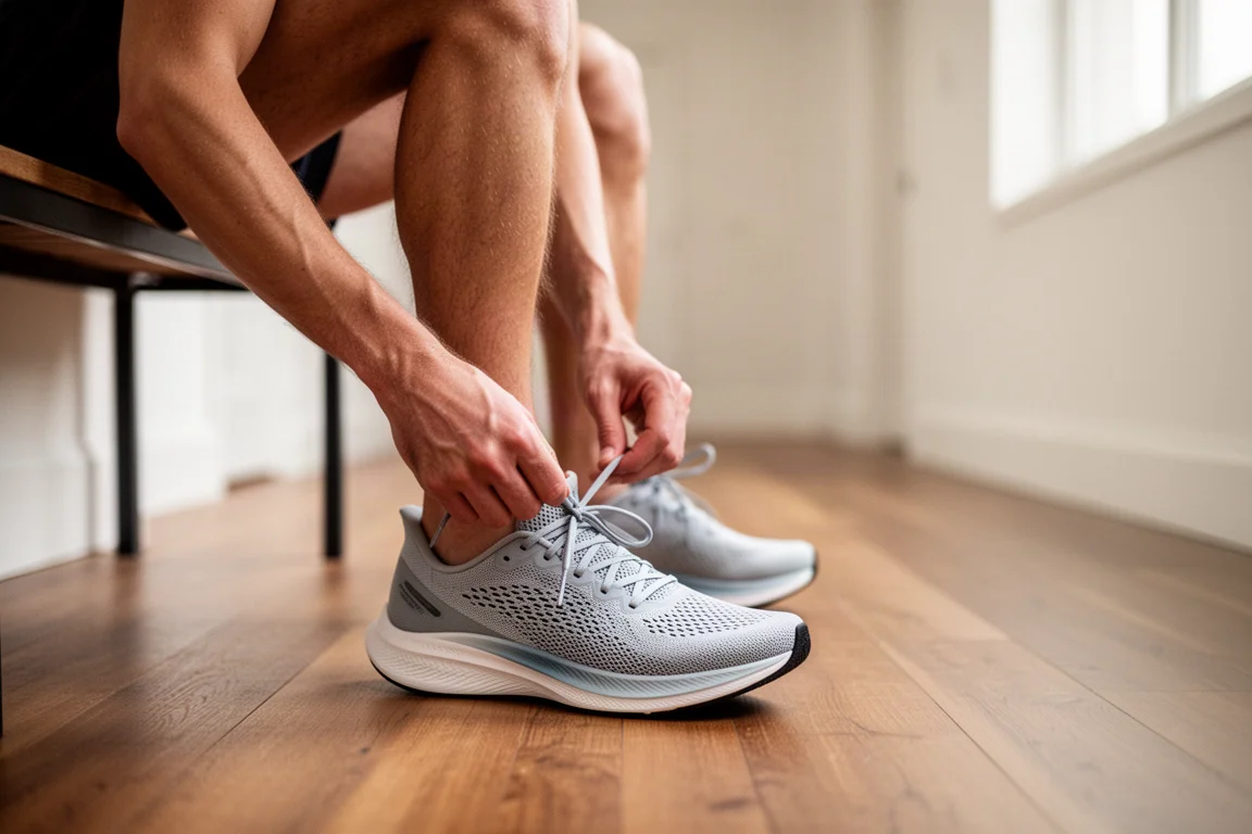 Runner lacing up a lightweight performance running shoe on a wooden floor