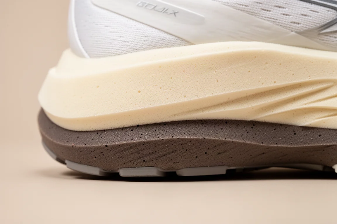 Close-up of a layered running shoe midsole showing soft foam and internal rods