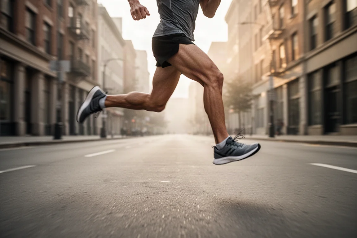 Runner picking up pace on a city street during a tempo run