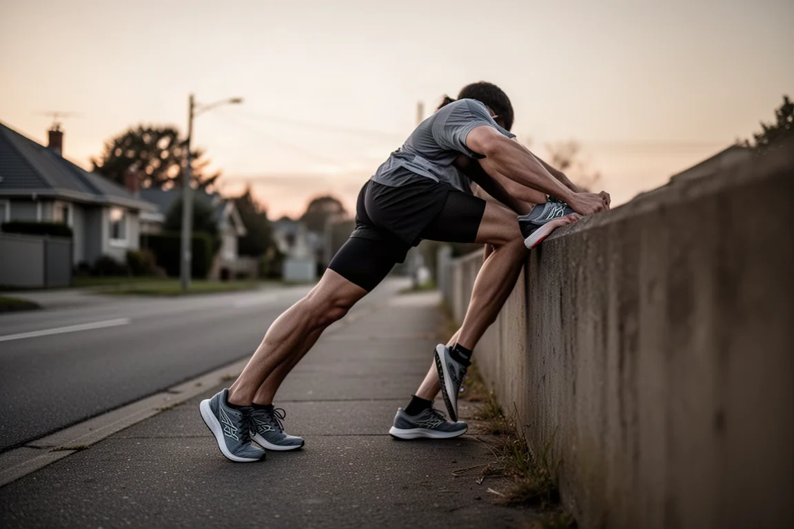 Runner stretching after a long run on a quiet roadside at dusk