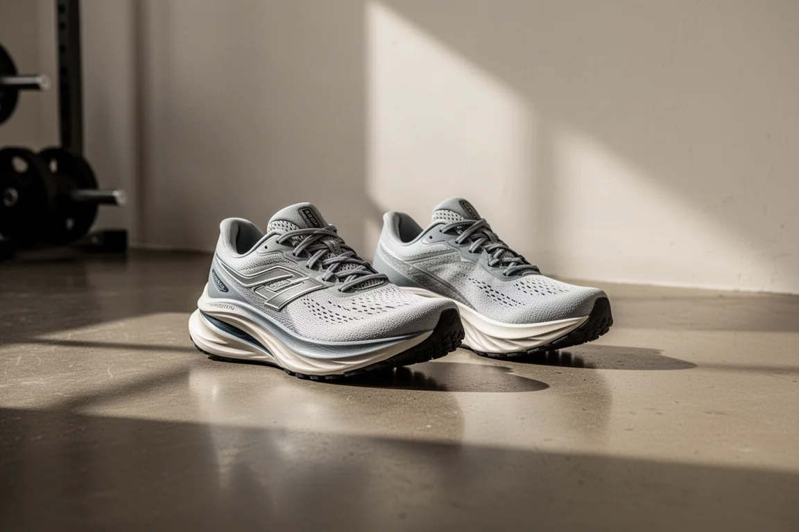 Dos zapatillas de running con placa lado a lado sobre el suelo de un gimnasio