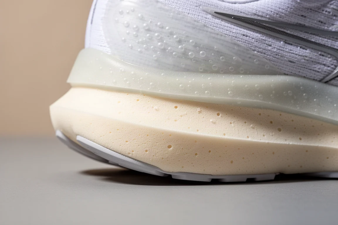Primer plano de una espuma de mediasuela por capas en una zapatilla de running