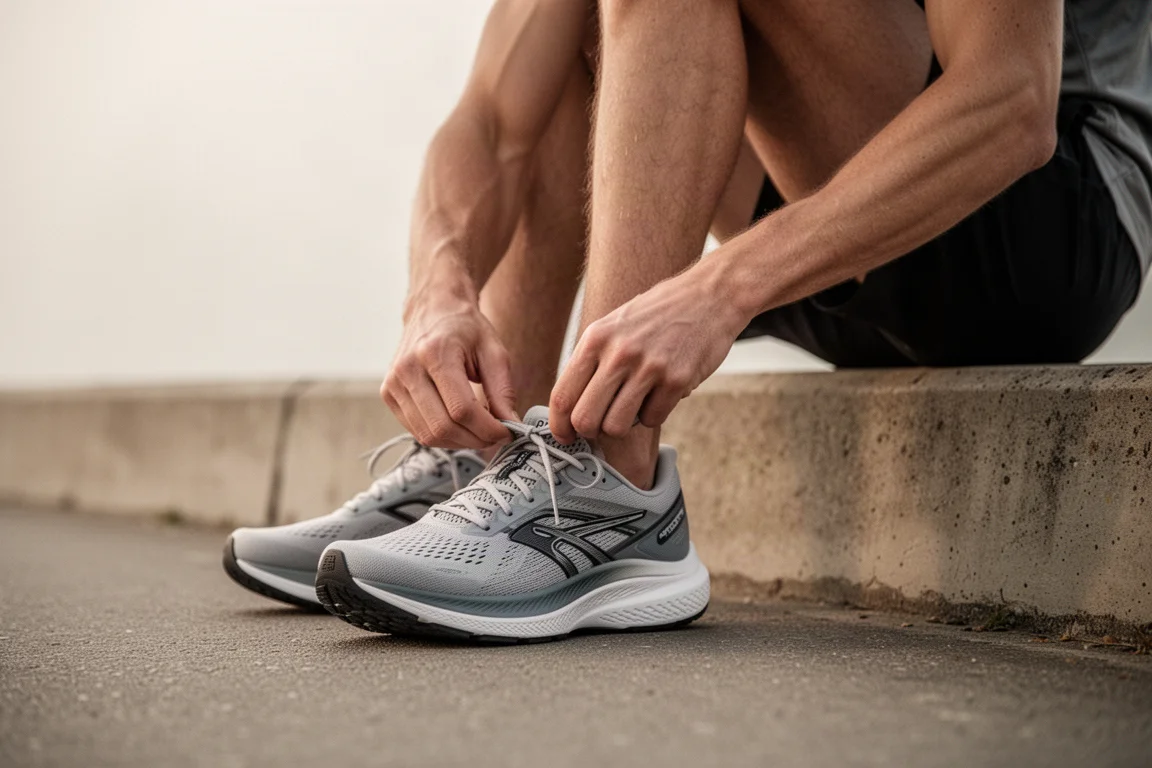 Corredor atándose los cordones de una zapatilla de running en un bordillo
