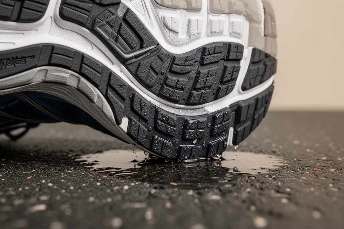 Primer plano de la suela de una zapatilla de running agarrándose al asfalto mojado
