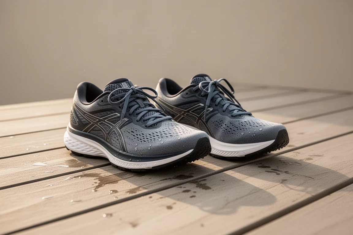 Dos zapatillas de running colocadas lado a lado tras una carrera de entrenamiento
