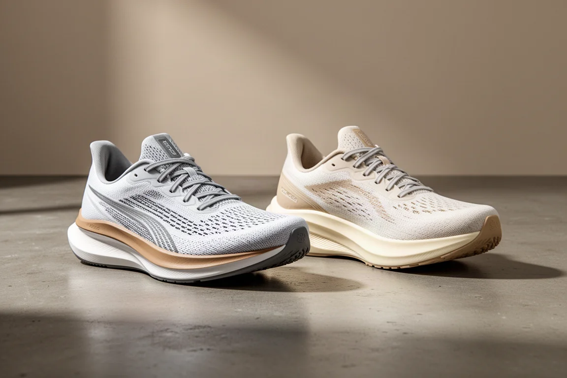 Two performance running trainers side by side on a concrete studio floor