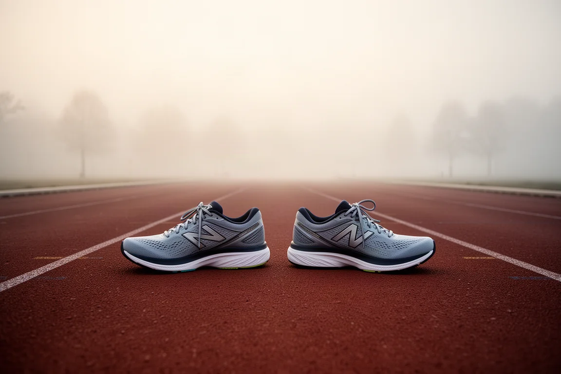 Dois tênis de corrida lado a lado em uma raia de pista ao amanhecer