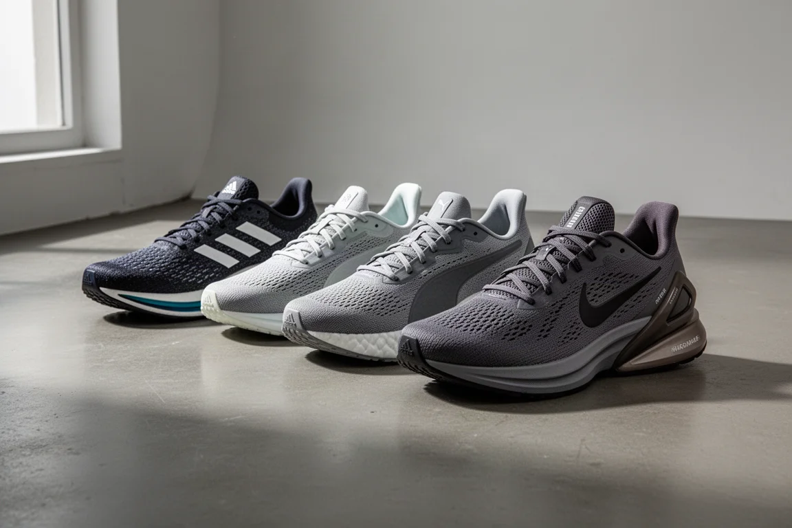 Four running shoes arranged in a row on a concrete studio floor