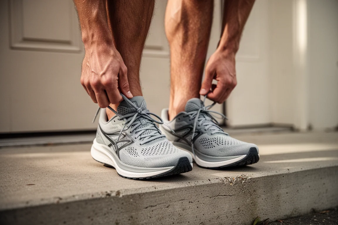 Corredor atándose los cordones de un par de zapatillas de running antes de salir a la carretera