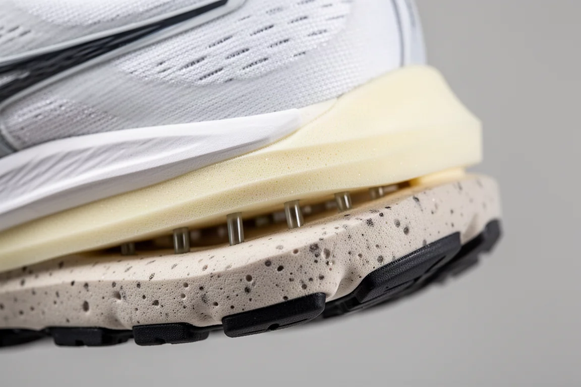 Construcción de la mediasuela de capas de espuma en una zapatilla de running vista en primer plano