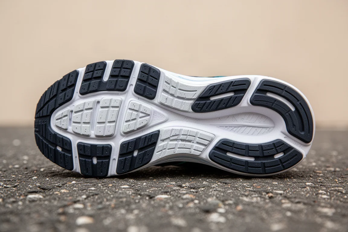 Primer plano de las pastillas de goma Continental en el antepié de una zapatilla de running