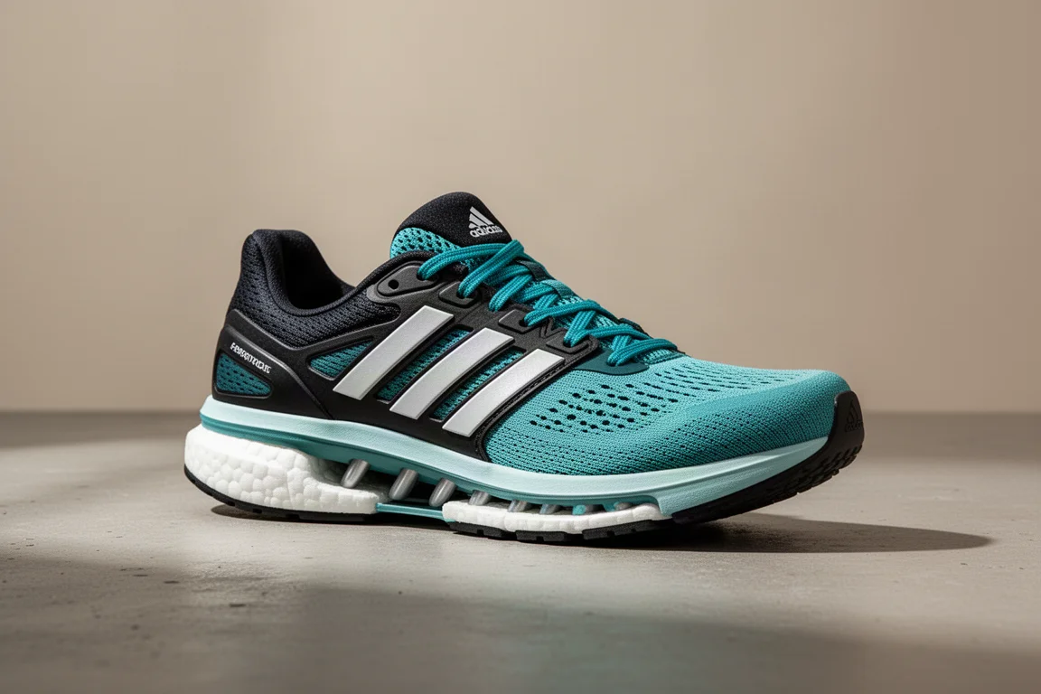 Teal marathon training shoe at a three-quarter angle on concrete