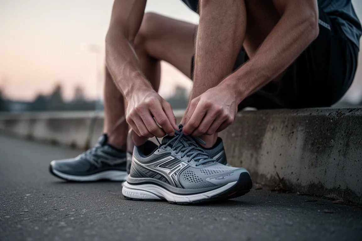 Runner che allaccia i lacci di una scarpa da corsa su un marciapiede cittadino