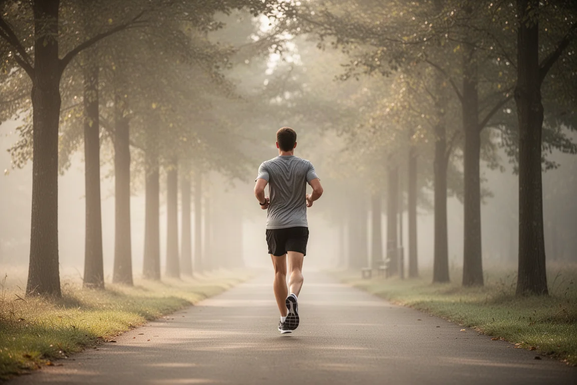 Avampiede di un runner che impatta sull'asfalto bagnato durante una corsa sotto la pioggia