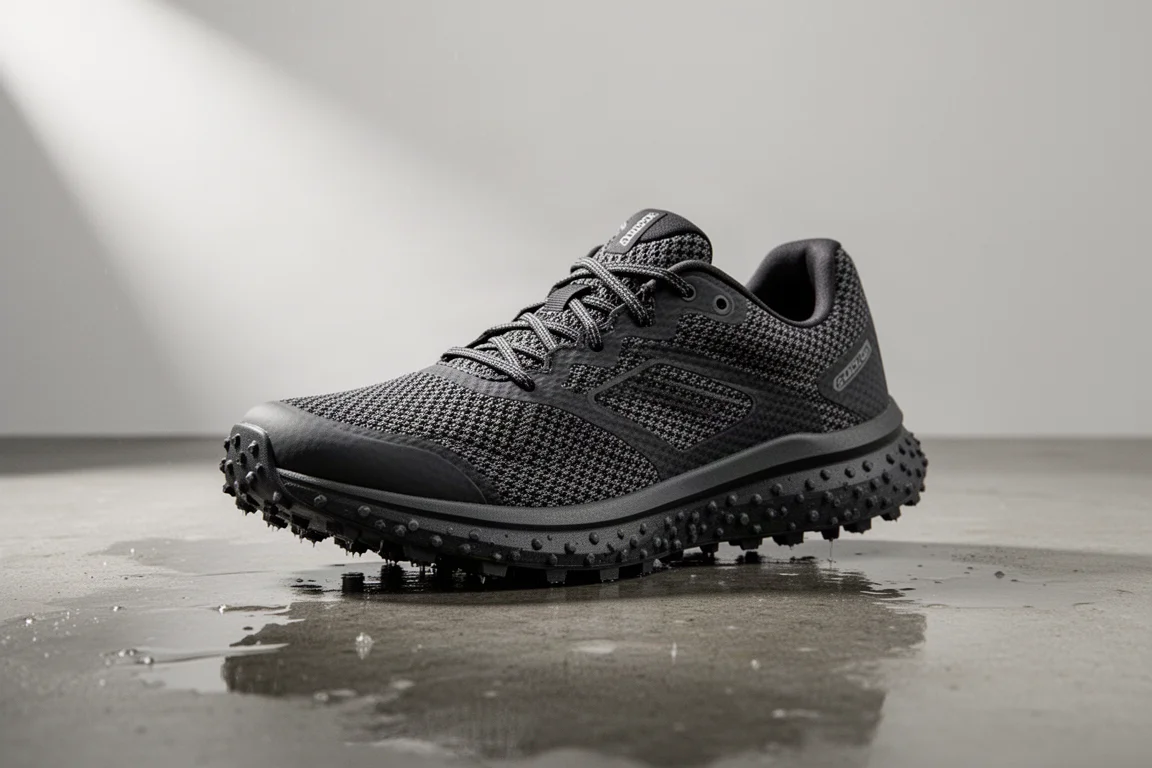 Adidas Adizero Evo SL ATR running shoe with lugged outsole on wet concrete