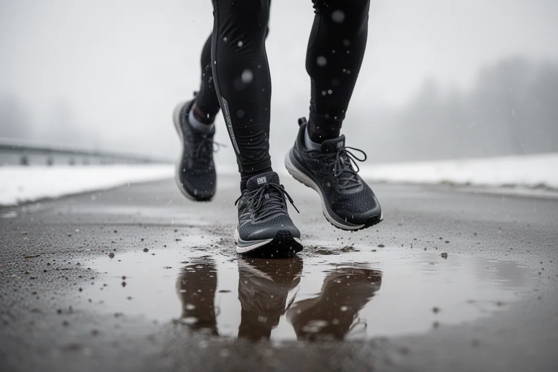 Pieds d'un coureur sur un chemin de pavé mouillé sous une lumière hivernale couverte