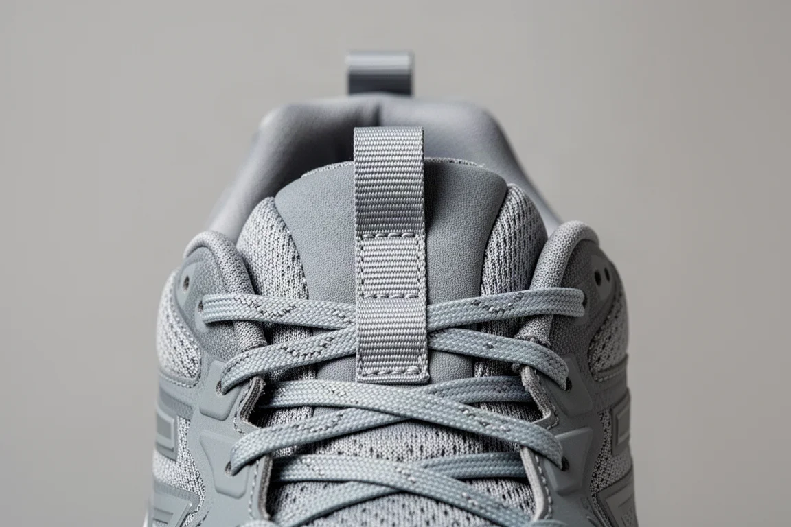 Gros plan sur la languette d'une chaussure de running avec pattes latérales et lacets crantés