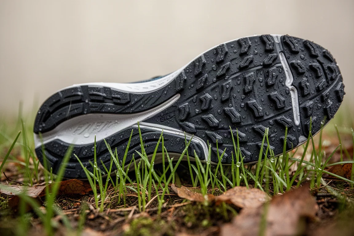 Détail des crampons peu profonds d'une semelle extérieure enfoncés dans l'herbe humide
