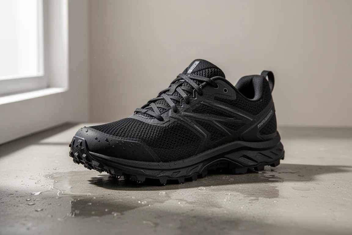 Black weatherized running shoe with protective toe cap on wet concrete