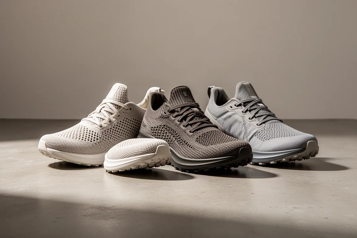Drei Varianten des Adidas Adizero Evo SL Laufschuhs in einer Reihe auf einer Betonfläche