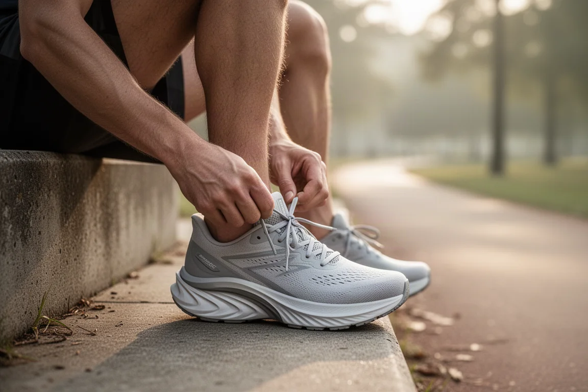 Corredor atándose las agujetas de una zapatilla de running ligera en un escalón antes de una tirada a primera hora de la mañana