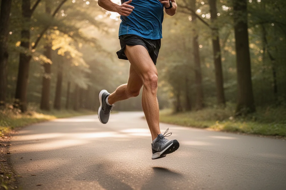 Corredor avanzando por un sendero arbolado a un ritmo de entrenamiento constante