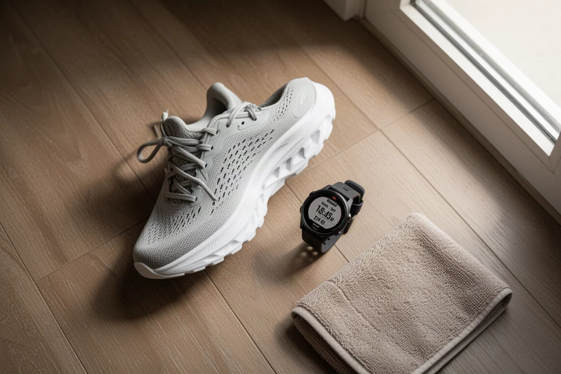 Vista cenital de una zapatilla de running junto a un reloj deportivo sobre un suelo de madera