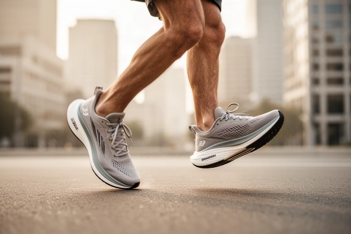 Coureur accélérant sur une route urbaine avec des chaussures d'entraînement légères