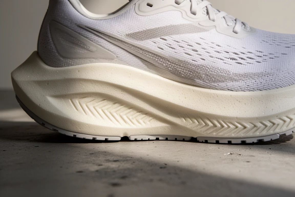 Gros plan sur la semelle intermédiaire d'une chaussure de running légère et performante sur du béton